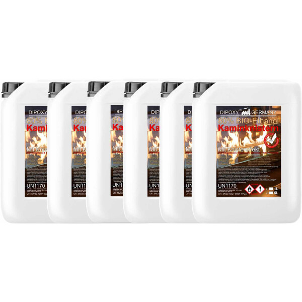 Bioethanol, Ethanol 80% Premium 30L (6x5L) - with crackling effect, bioethanol for decorative fires, table fireplaces, fireplaces and garden decorations for indoor and outdoor use - smoke and soot free