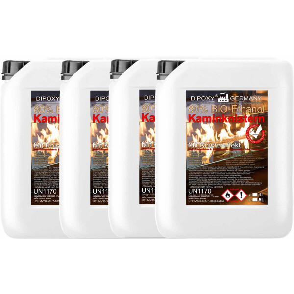 Bioethanol, Ethanol 80% Premium 20L (4x5L) - with crackling effect, bioethanol for decorative fires, table fireplaces, fireplaces and garden decorations for indoor and outdoor use - smoke and soot free
