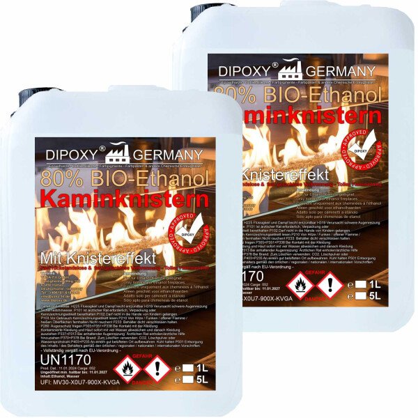 Bioethanol, Ethanol 80% Premium 10L (2x5L) - with crackling effect, bioethanol for decorative fires, table fireplaces, fireplaces and garden decorations for indoor and outdoor use - smoke and soot free