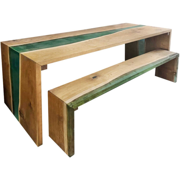 Epoxidharz River Table mit Sitzbank Set Eiche Massivholz 2000-760-760mm